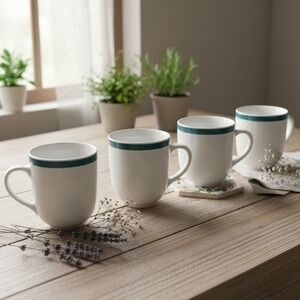 Gibson Everyday White & Green Band Coffee Cups, Set of 4, Vtg Ceramic Drinkware